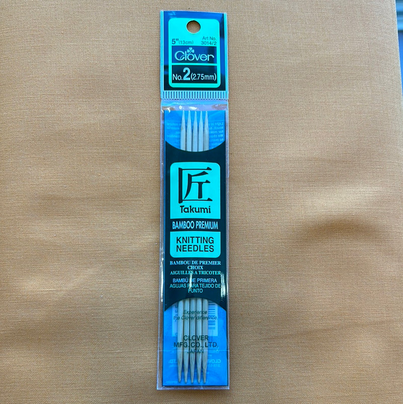 Clover Takumi Bamboo 5in Double Point Knitting Needle Size 2