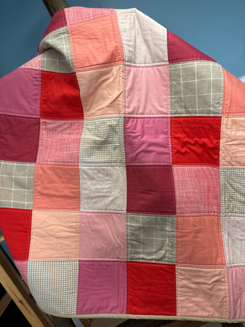 Handmade Pink, Coral, and neutral Squares Baby Girl Quilt