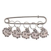 5 Wooden Fluffy Cat stitch markers on a kilt pin. Fits up to size 10 needle. - brewstitched.com